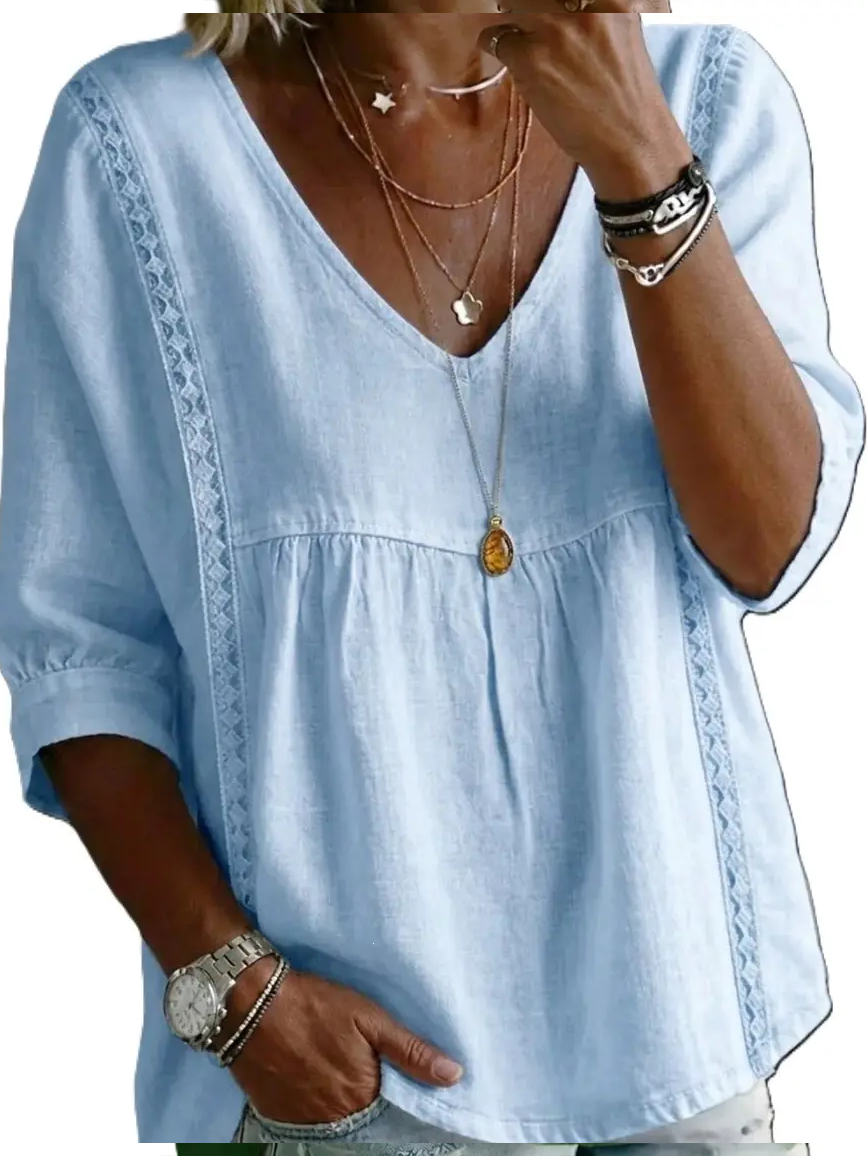 Women's V Neck Lace Trim Babydoll Blouse