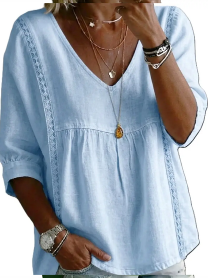 Women's V Neck Lace Trim Babydoll Blouse