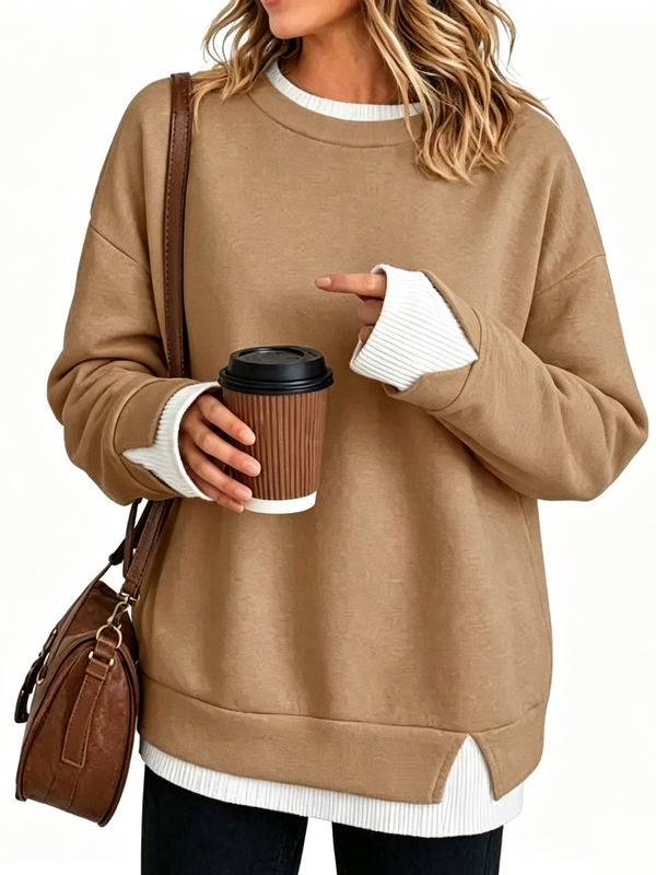 Fake Two Piece Ribbed Patchwork Oversized Crew Neck Long Sleeve Sweatshirt