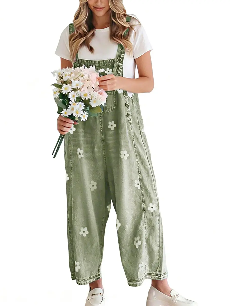 Vintage Floral Jacquard Bib Overalls With Adjustable Straps Wide Leg Denim Jumpsuit