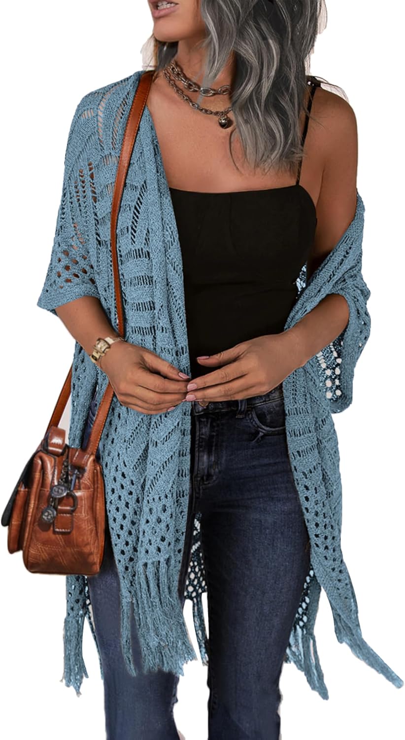 Hollow Crochet Tassel Fringe Open Front Cardigan Cover Up