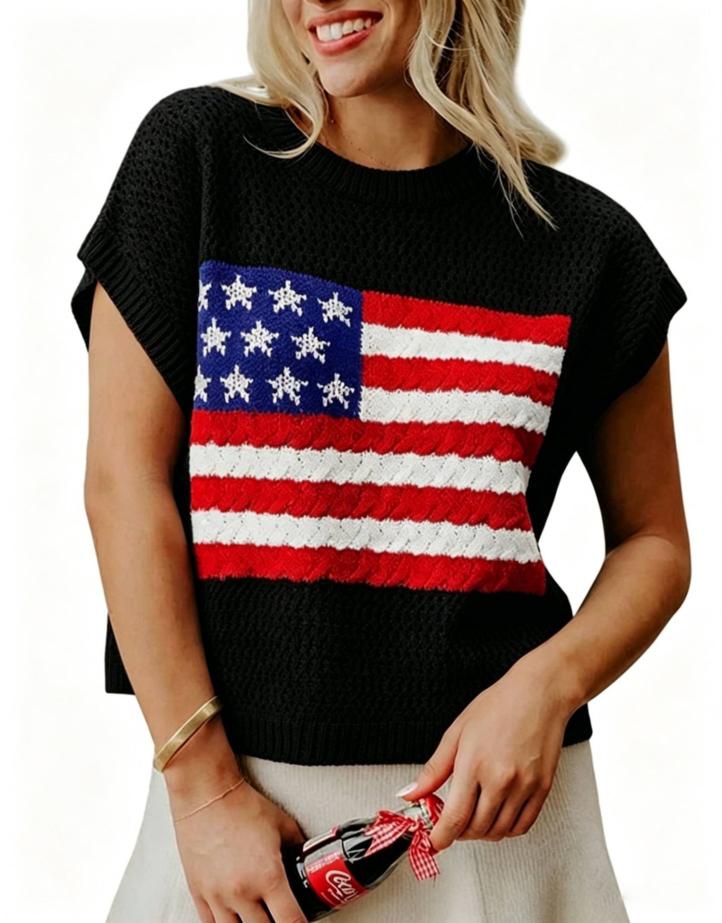 Women American Flag Relaxed Fit Short Sleeve Knit Top for 4th of July