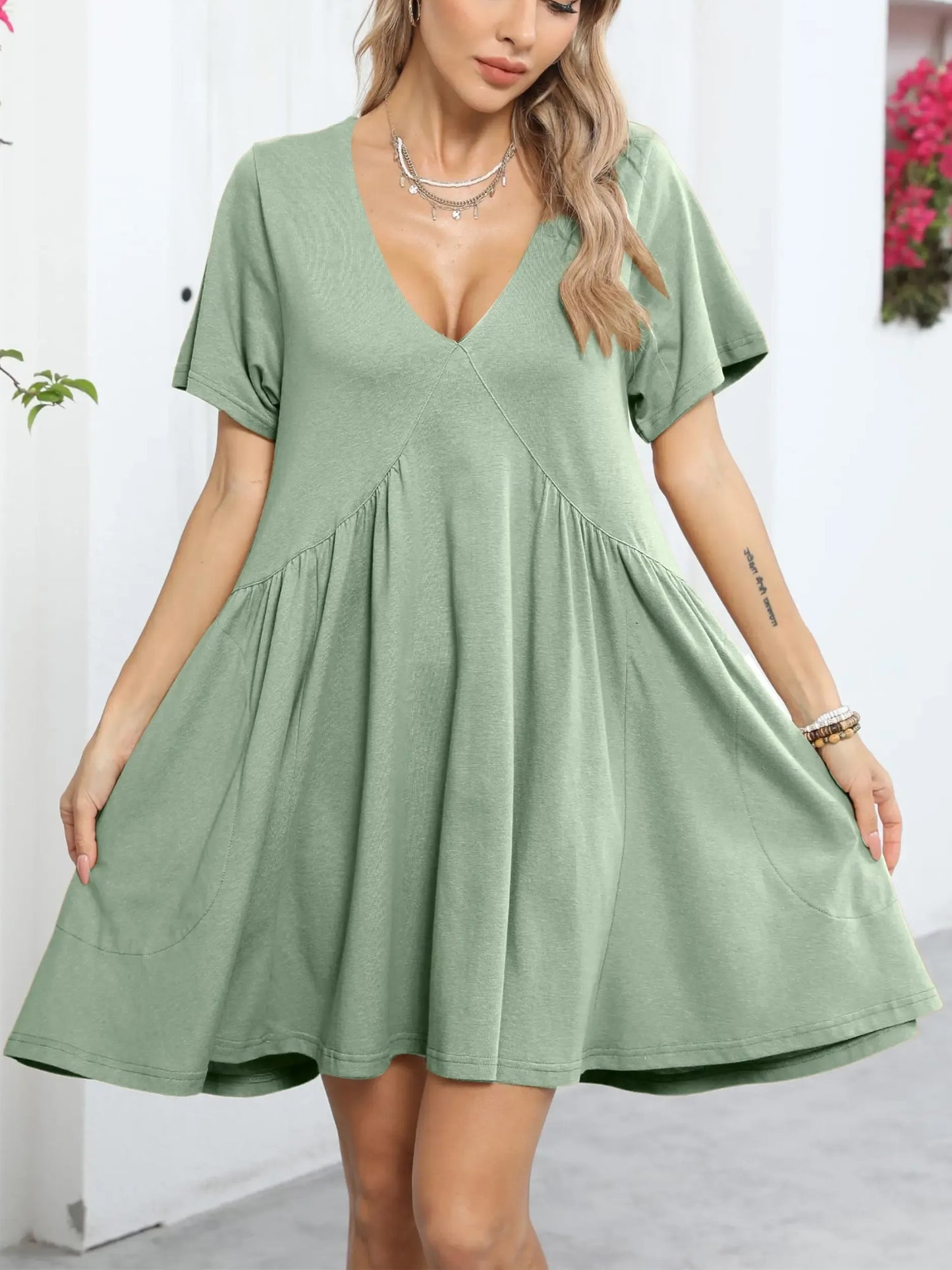 Womens Loose V Neck Short Sleeve Summer Mini Dress With Pockets