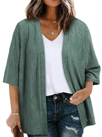 Women Jacquard Hollow Half Sleeve Open Front Cardigan Daily Layering Outer Tops