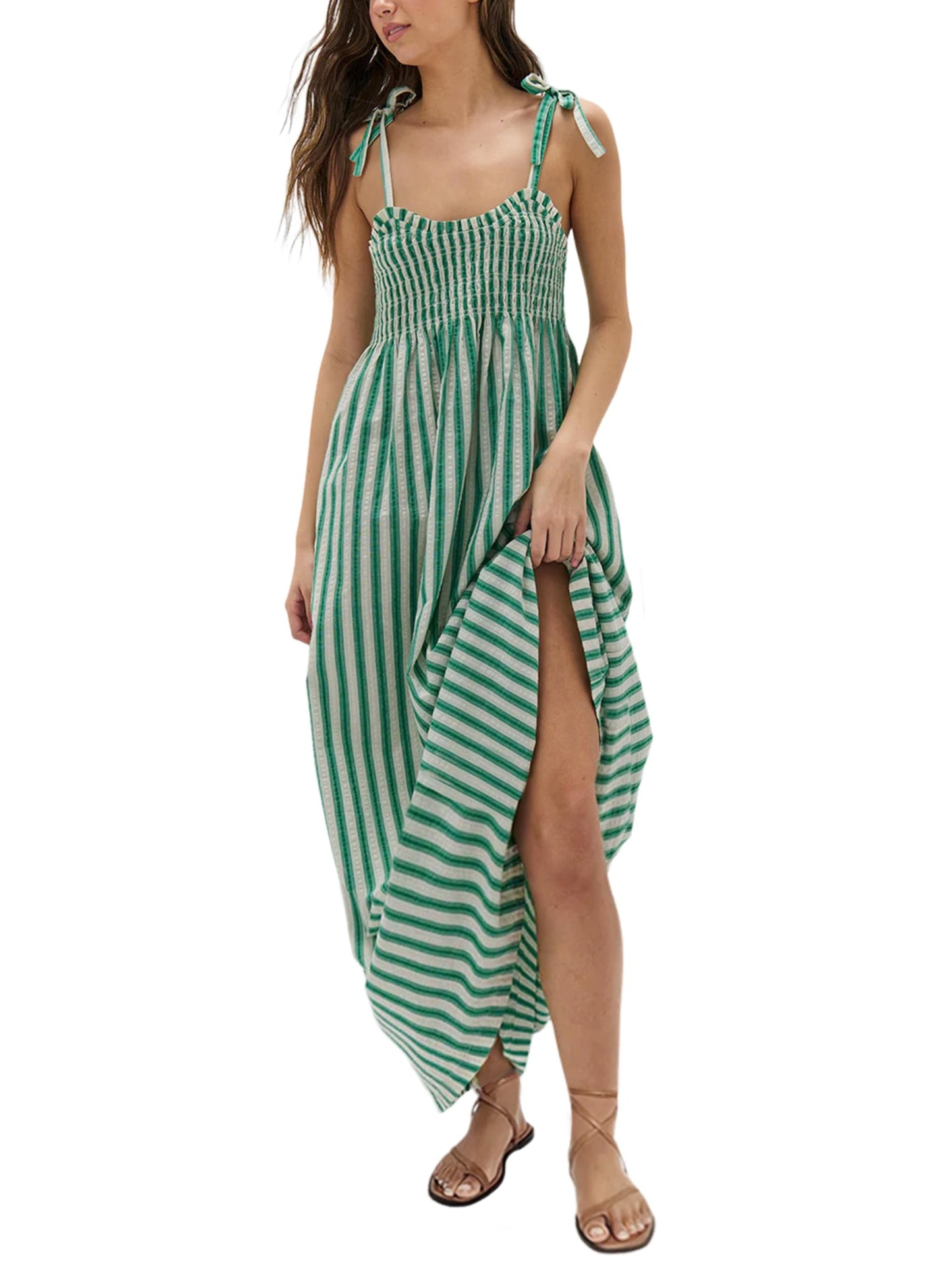 Women's Striped Smocked Flowy Maxi Dress with Pockets
