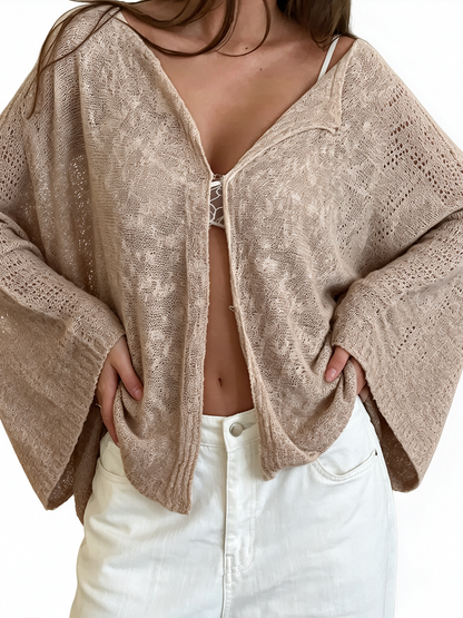 Loose Knit Cardigan for Women, Solid Boat Neck, Hook-and-Eye Closure Long Sleeve Top