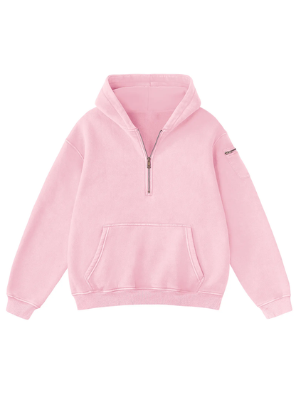 Half Zip Vintage Wash Oversized Hoodie With Dual Storage Pockets