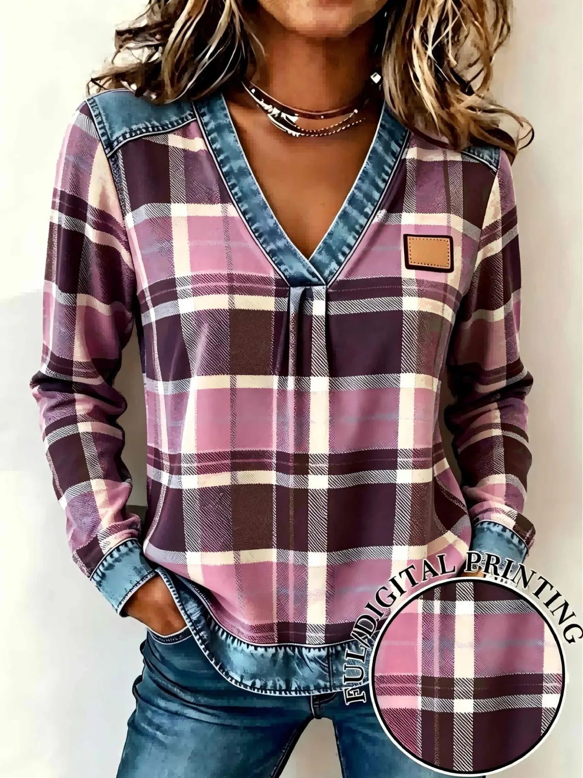 New Spring Fall Women's Fake Denim Patchwork Print V Neck Top