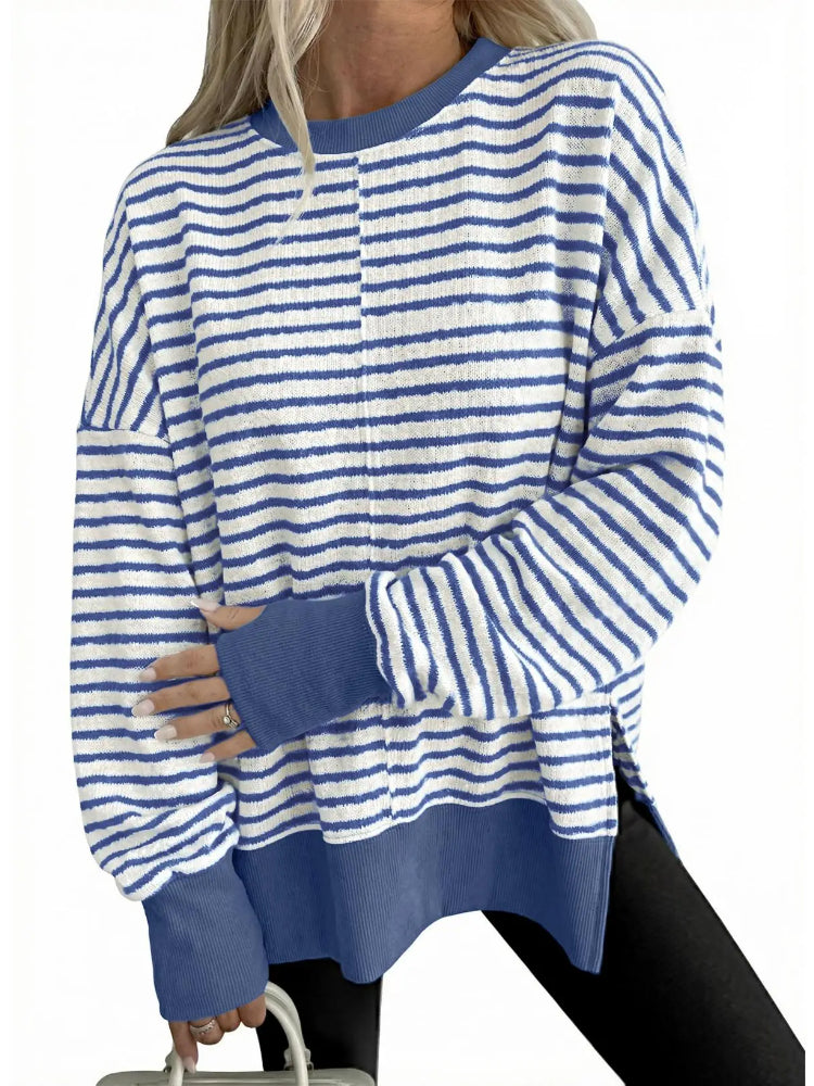 Women Crew Neck Striped Side Slit Loose Long Sleeve Pullover Sweatshirt