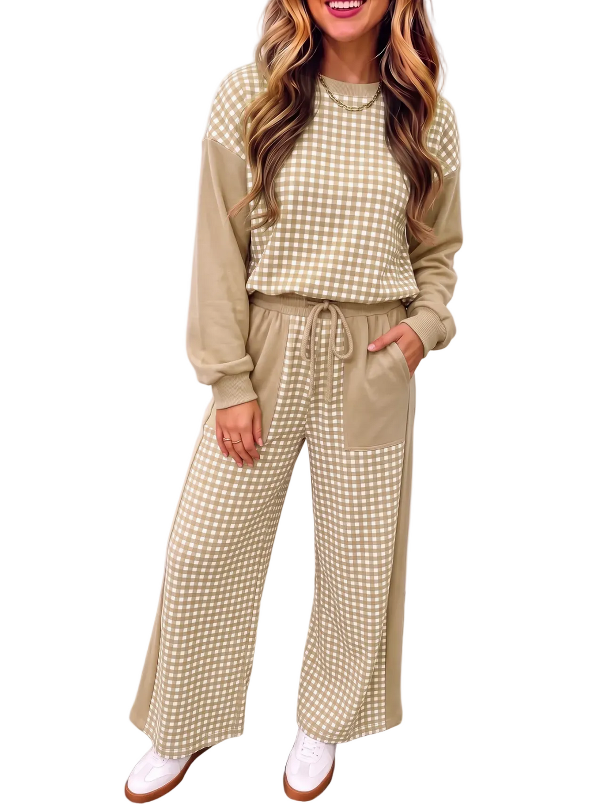 Christmas Plaid Color Block Two Piece Matching Set
