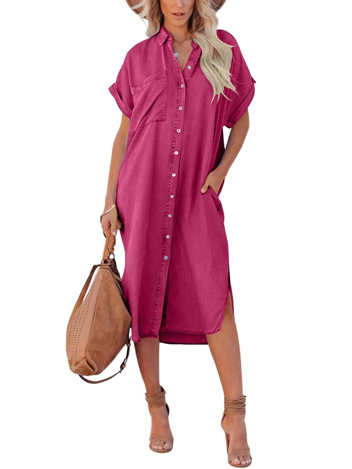 Women's Summer Loose Denim Shirt Dress with Pocket