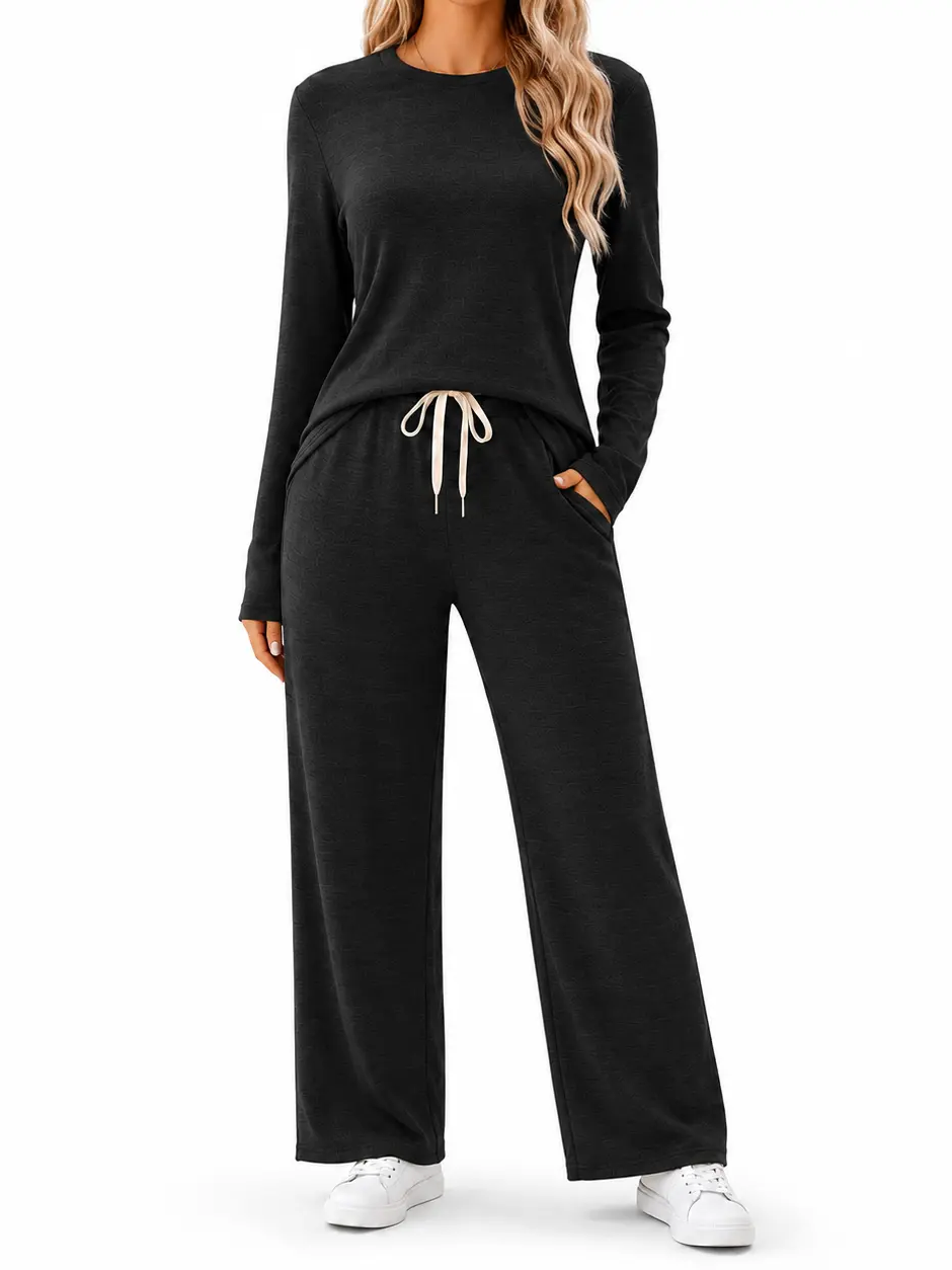 Women Two Piece Lounge Set With Drawstring Waist And Side Pockets
