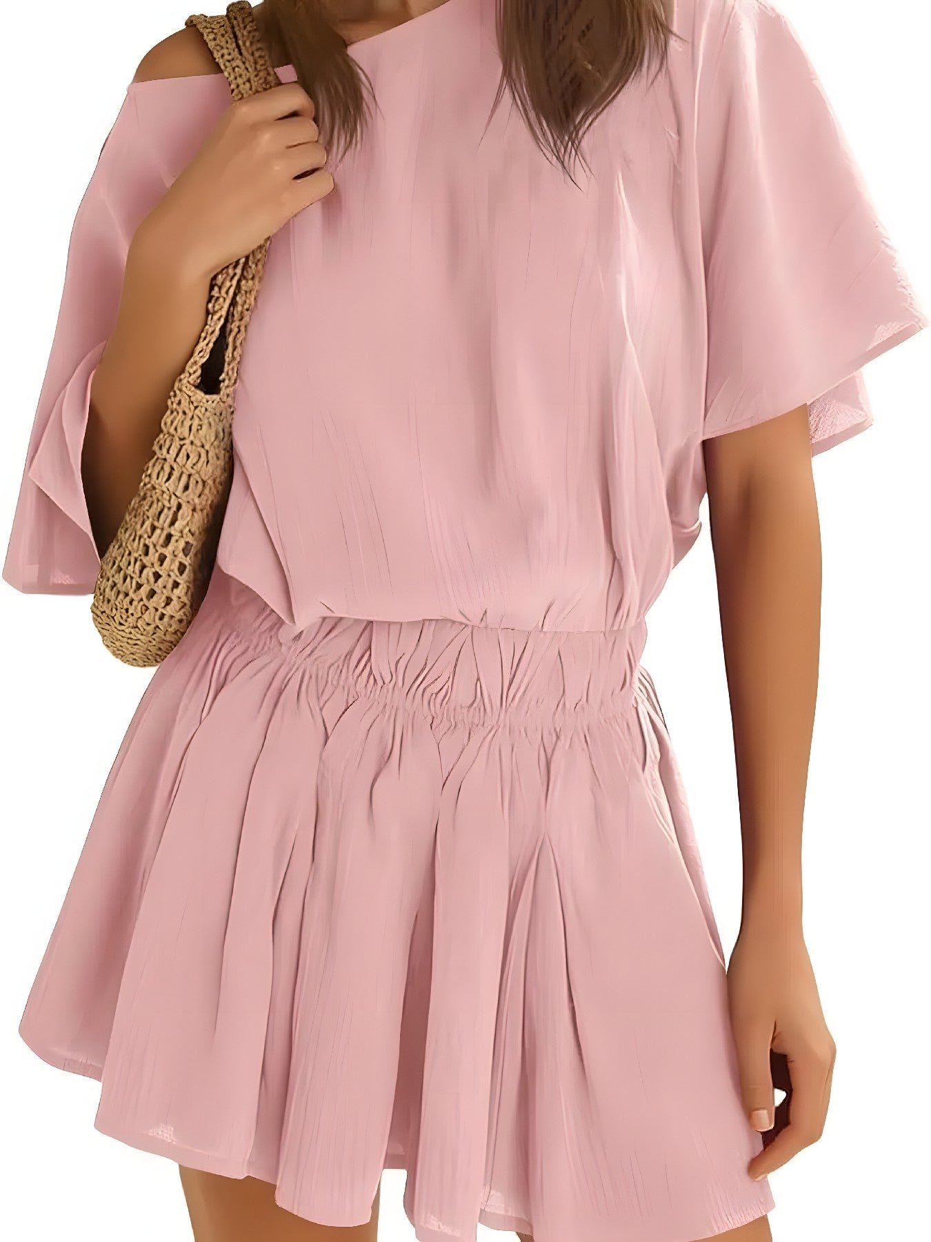 Hot Sale-Women’s Casual Short Sleeve Elastic Waist Loose Flowy Mini Skirt Dress