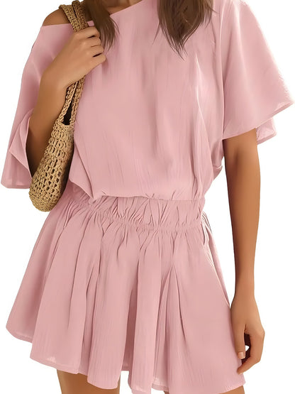 Hot Sale-Women’s Casual Short Sleeve Elastic Waist Loose Flowy Mini Skirt Dress