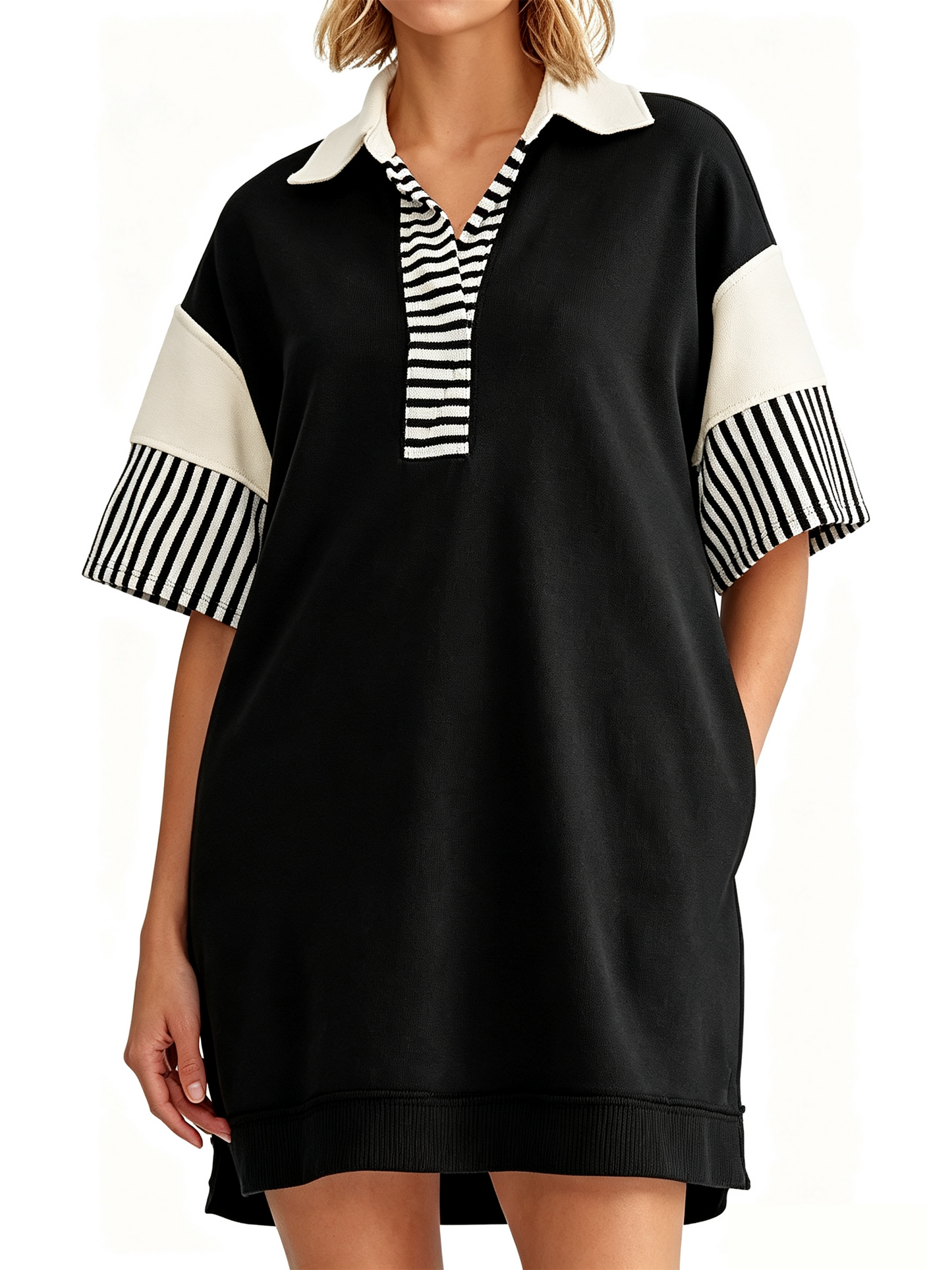 Oversized Color Block Striped Polo V Neck Mini Dress With Side Pockets