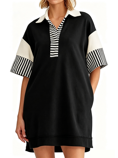 Oversized Color Block Striped Polo V Neck Mini Dress With Side Pockets