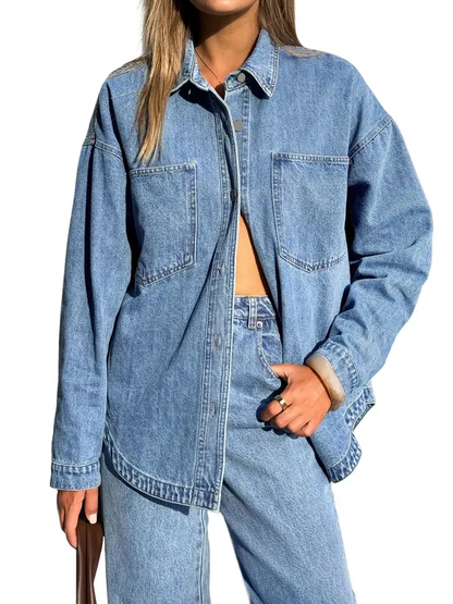 Women Vintage Oversized Button Down Denim Shirt Jacket