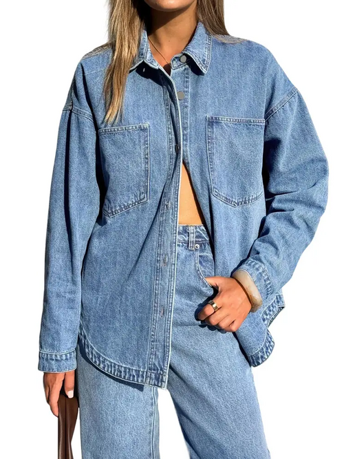 Women Vintage Oversized Button Down Denim Shirt Jacket