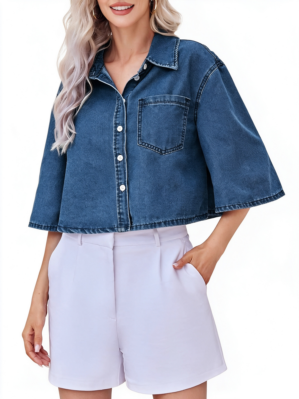 Women Cropped Lapel Shirt Jacket, Waist-Lifting Half Sleeve Layering Outerwear