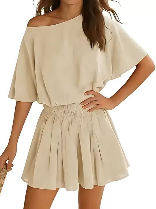 Hot Sale-Women’s Casual Short Sleeve Elastic Waist Loose Flowy Mini Skirt Dress
