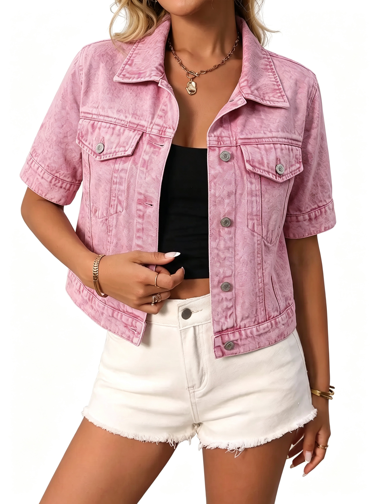Short Sleeve Cropped Denim Jacket, Summer Fall Layering Coat