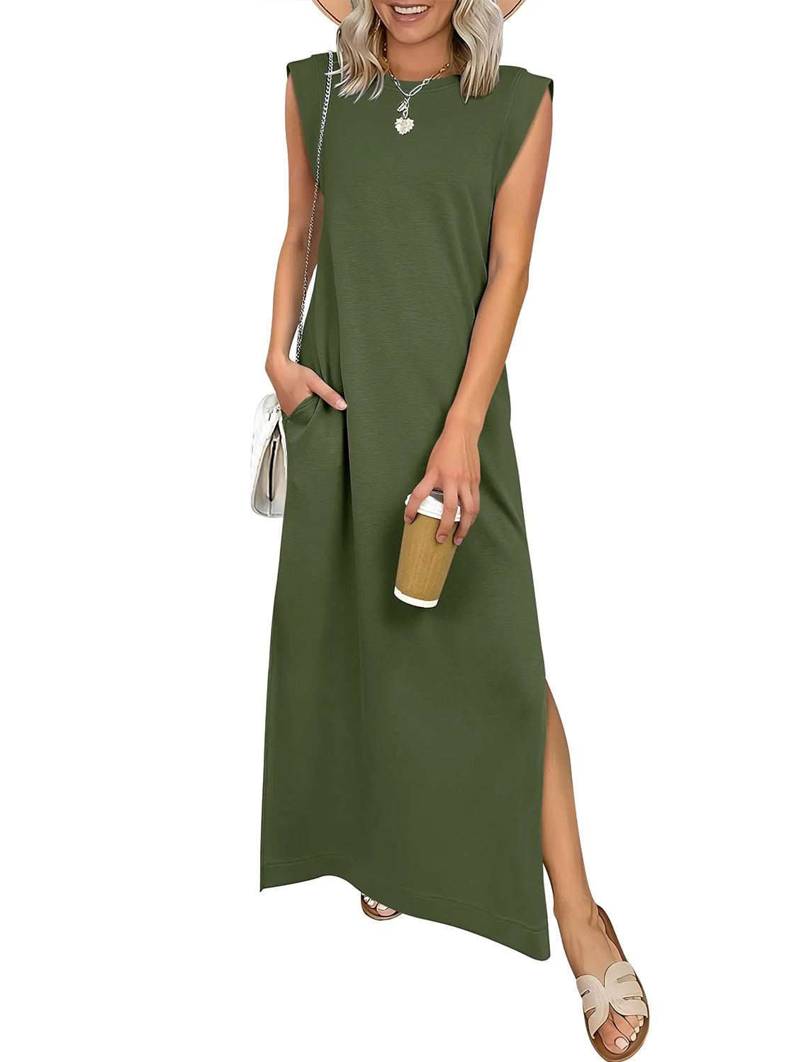 Women Wrinkle Free Sleeveless Pocket Split Loose Maxi Casual Daily Dress