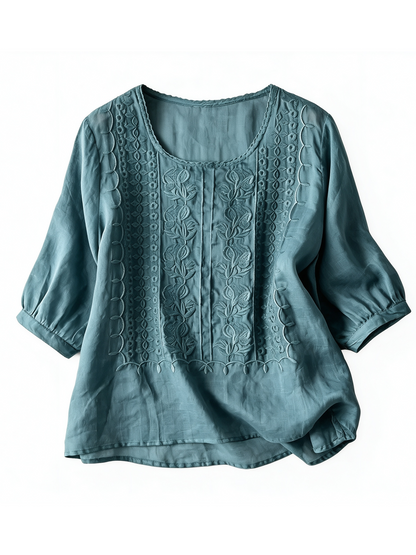 Women's Vintage Embroidered Round Neck Blouse
