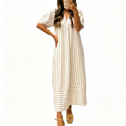 Women V Neck Puff Short Sleeve Striped High Waist Straight Midi Shift Dress