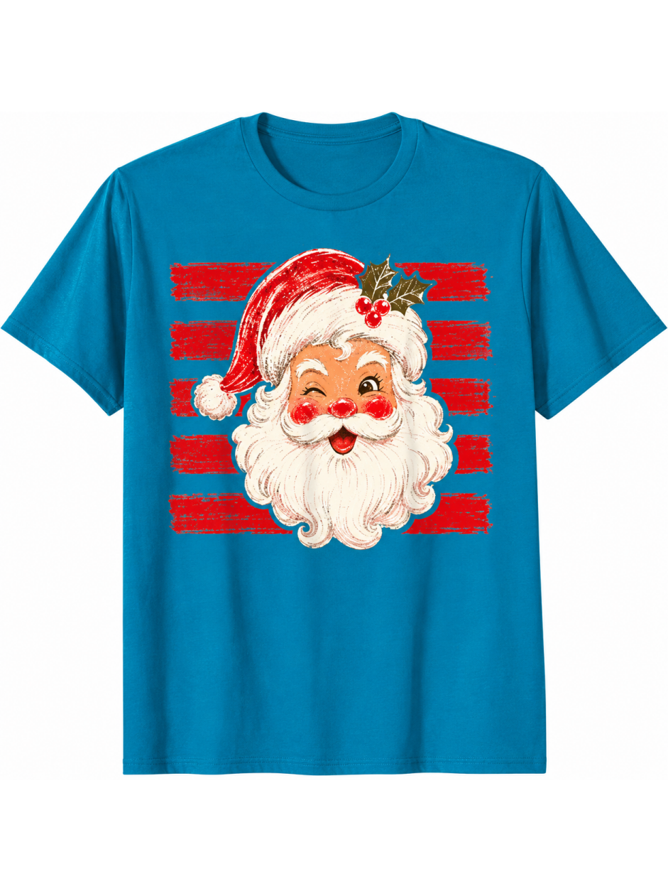 Vintage Christmas Santa Print Casual Short Sleeve Top
