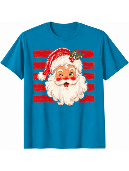 Vintage Christmas Santa Print Casual Short Sleeve Top
