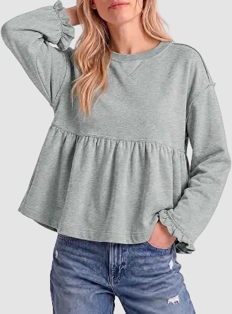 Women Crew Neck Ruffle Cuff Peplum Top