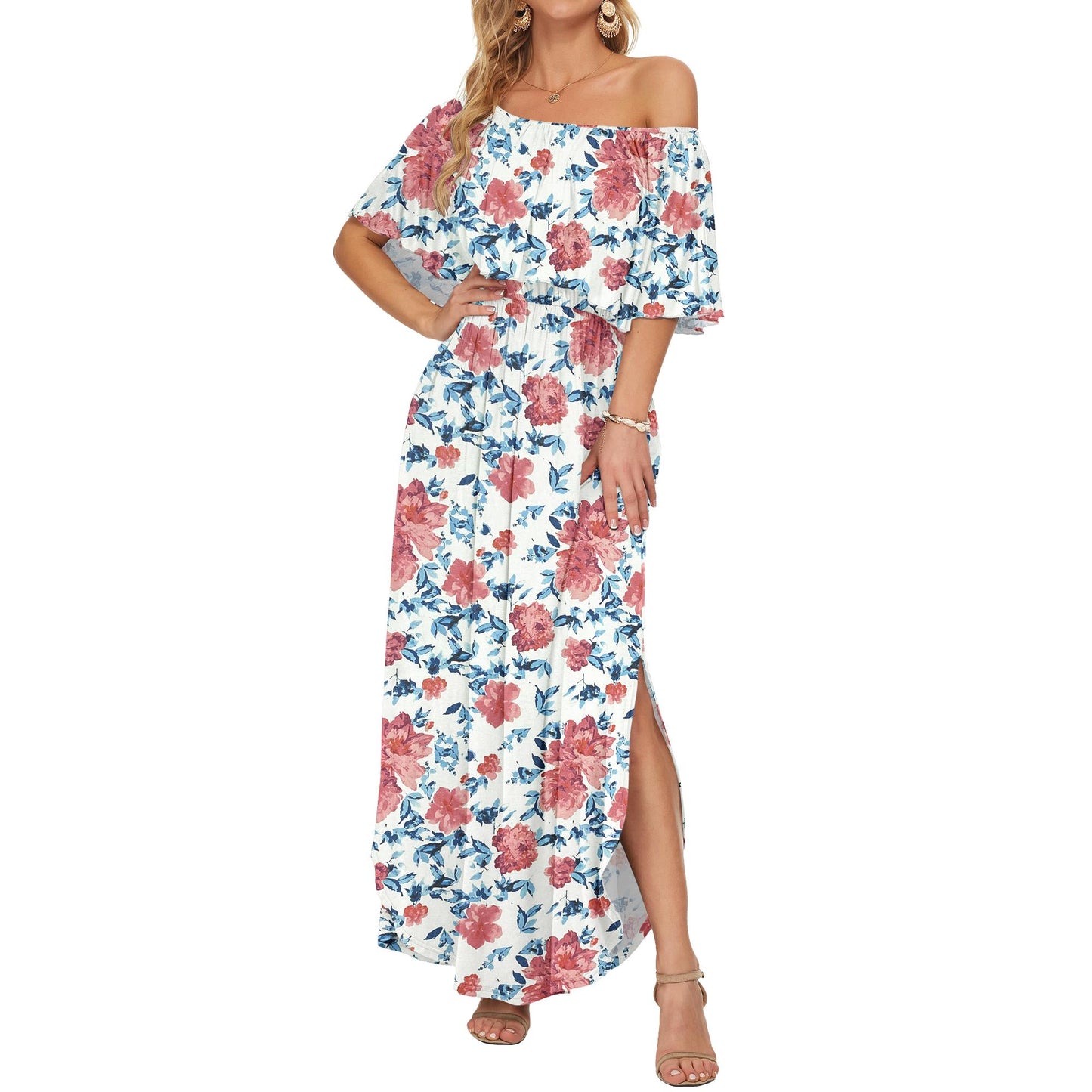 Limited time sale🔥Women's Off-Shoulder Floral Maxi Dress with Pockets & Side Slit