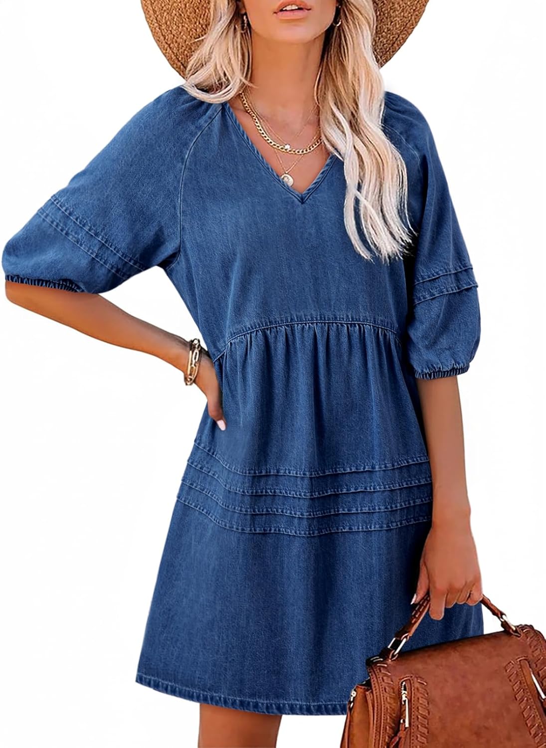 Women Casual V Neck Puff Short Sleeve Denim Dress(50% off!!!)