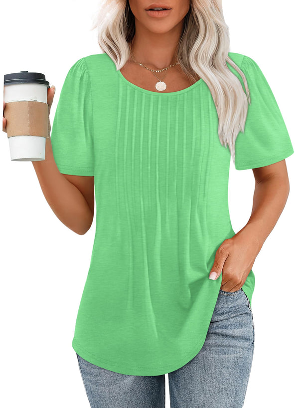 Women's Short Sleeve Pleated Dressy Casual Scooped Neck Tops