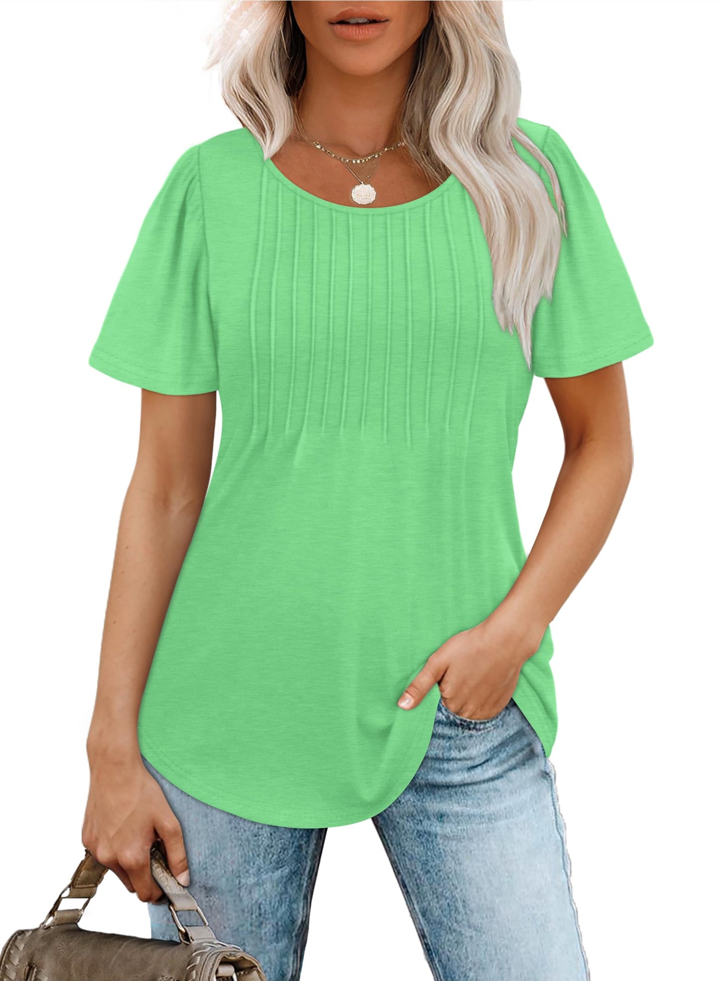 ✨Women's Short Sleeve Pleated Dressy Casual Scooped Neck Tops