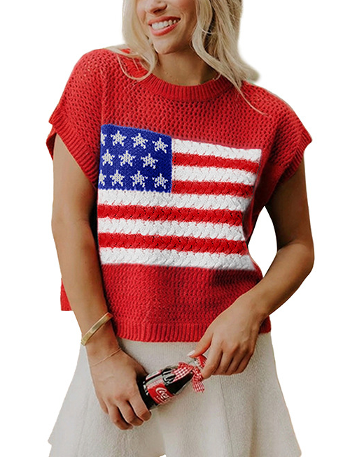 Women American Flag Relaxed Fit Short Sleeve Knit Top for 4th of July
