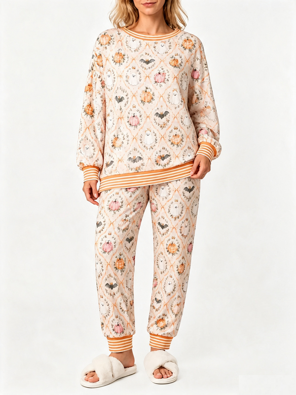 Women Halloween Pumpkin Ghost Print Long Sleeve 2 Piece Pajama Set