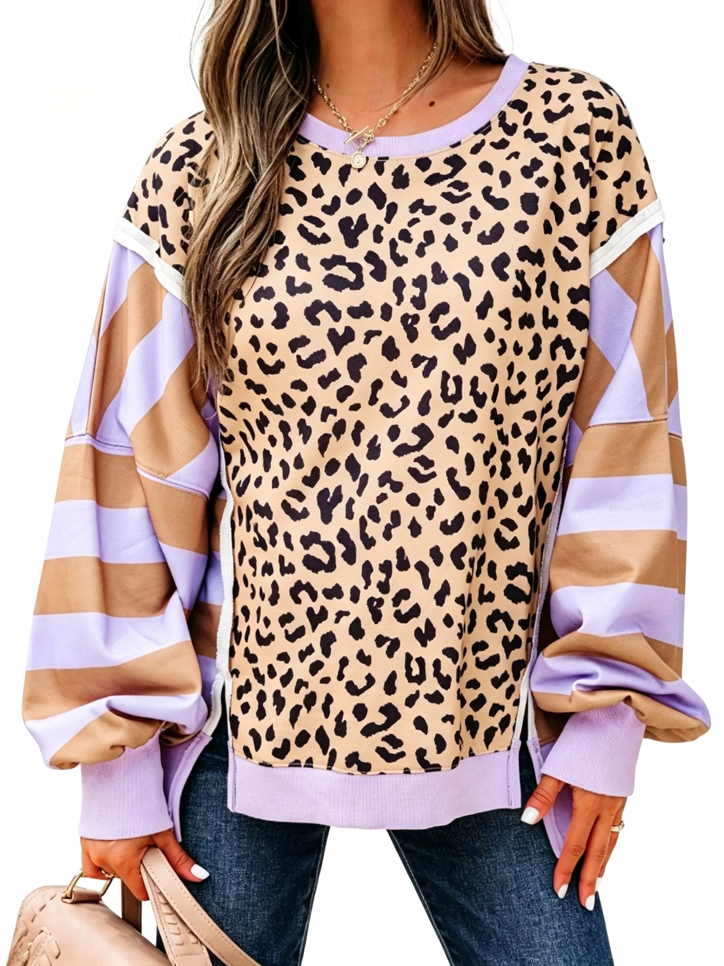 🐆Leopard Stripe Colorblock Crewneck Sweatshirt , Oversized Drop Shoulder Top
