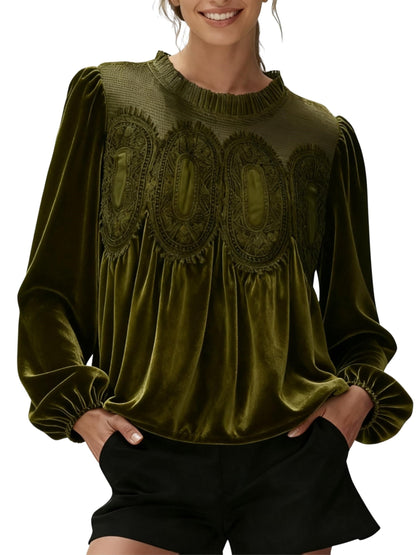 ⏰Hot Sale-Women's Long Sleeve Velvet Trim Lace Blouse Elegant Flared Swing Top