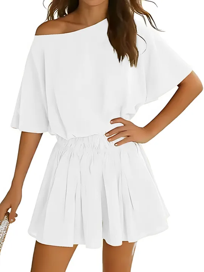 Hot Sale-Women’s Casual Short Sleeve Elastic Waist Loose Flowy Mini Skirt Dress