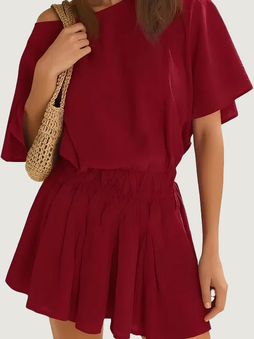 Women Off Shoulder Batwing Sleeve Cinched Waist Ruffle A Line Mini Dress