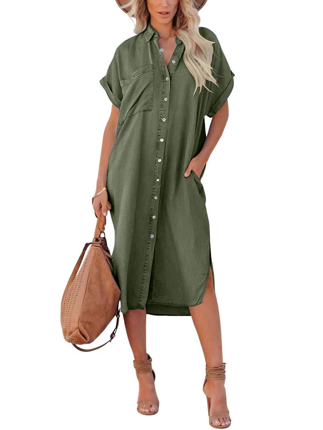Women's Summer Loose Denim Shirt Dress with Pocket