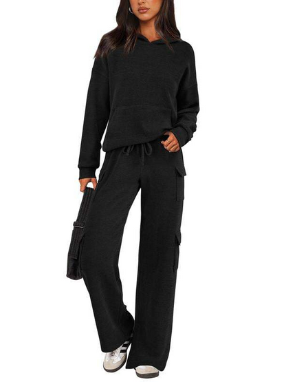 Women Hooded Top Wide Leg Cargo Pant 2 Piece