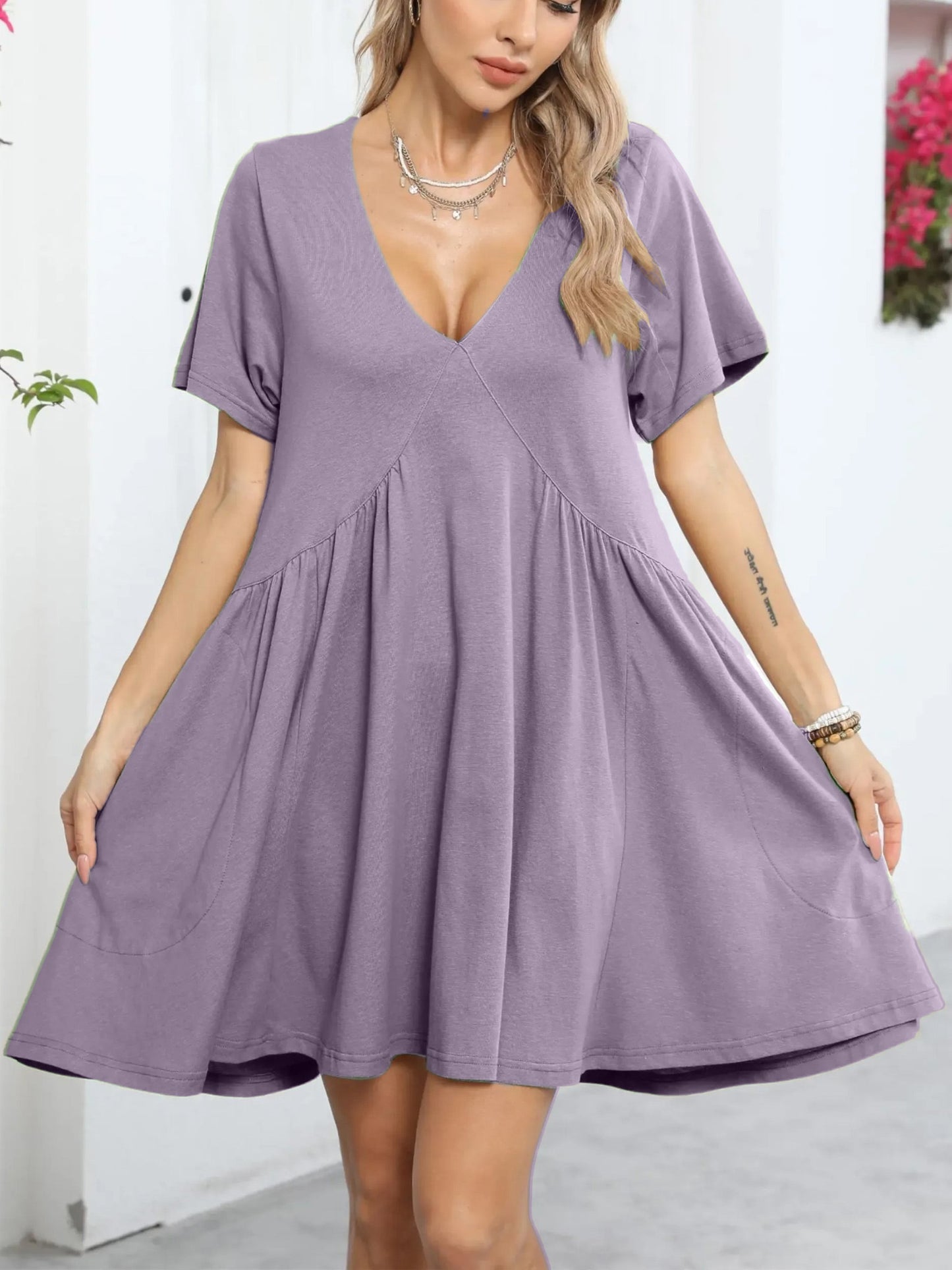 Womens Loose V Neck Short Sleeve Summer Mini Dress With Pockets