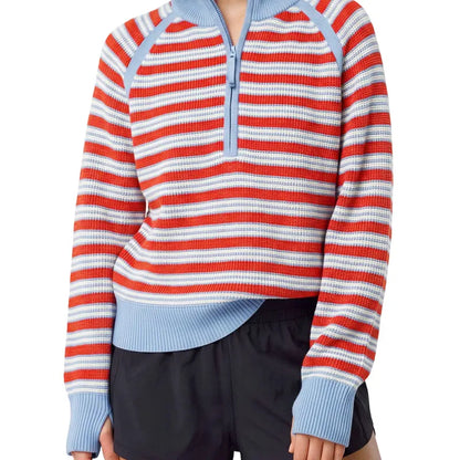 Women's Striped Waffle Knit Half Zip Pullover