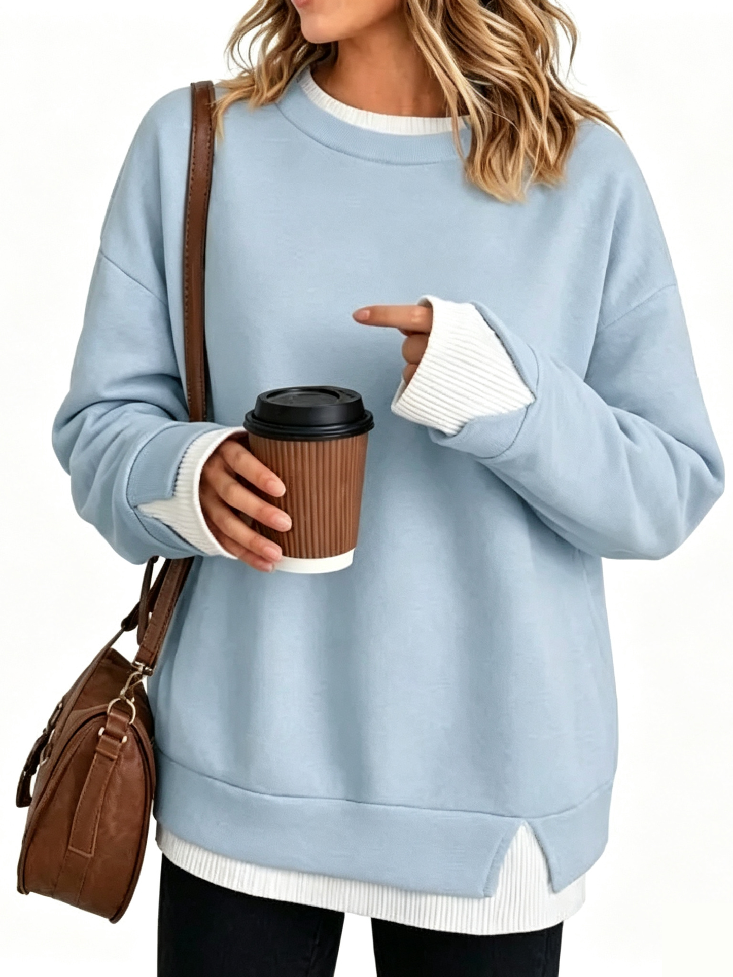 Fake Two Piece Ribbed Patchwork Oversized Crew Neck Long Sleeve Sweatshirt