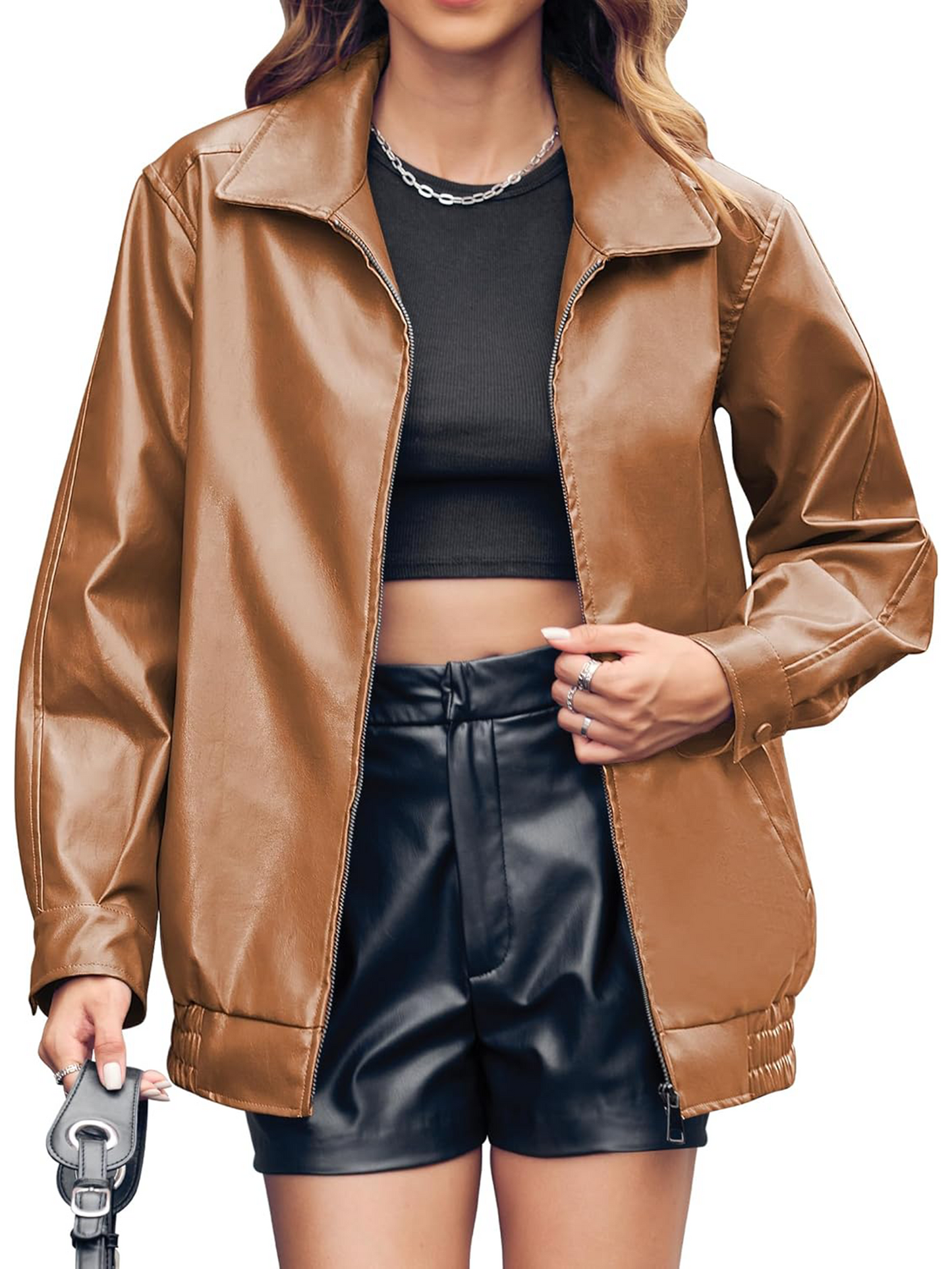 Structured Lapel Zip Moto Jacket With Side Pockets Moderately Roomy Medium Length Coat