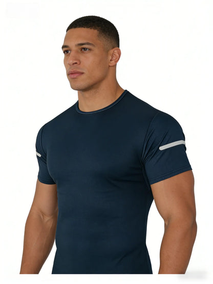 Men Reflective Stripe Crew Neck Workout Running Short Sleeve T Shirt
