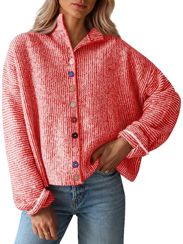 Womens Stand Collar Colorful Button Fall Cardigan