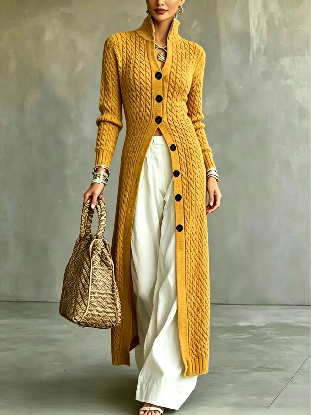 Limited time sale🔥Women's Stand Collar Single Button Cable Knit Long Cardigan